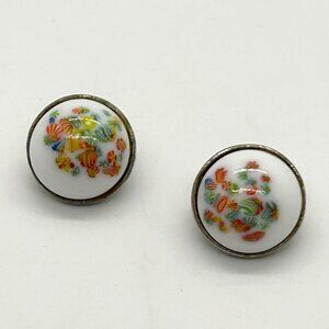 Vintage Hand Painted Porcelain Clip-On Earrings Floral Motif 3/4" Silver-tone